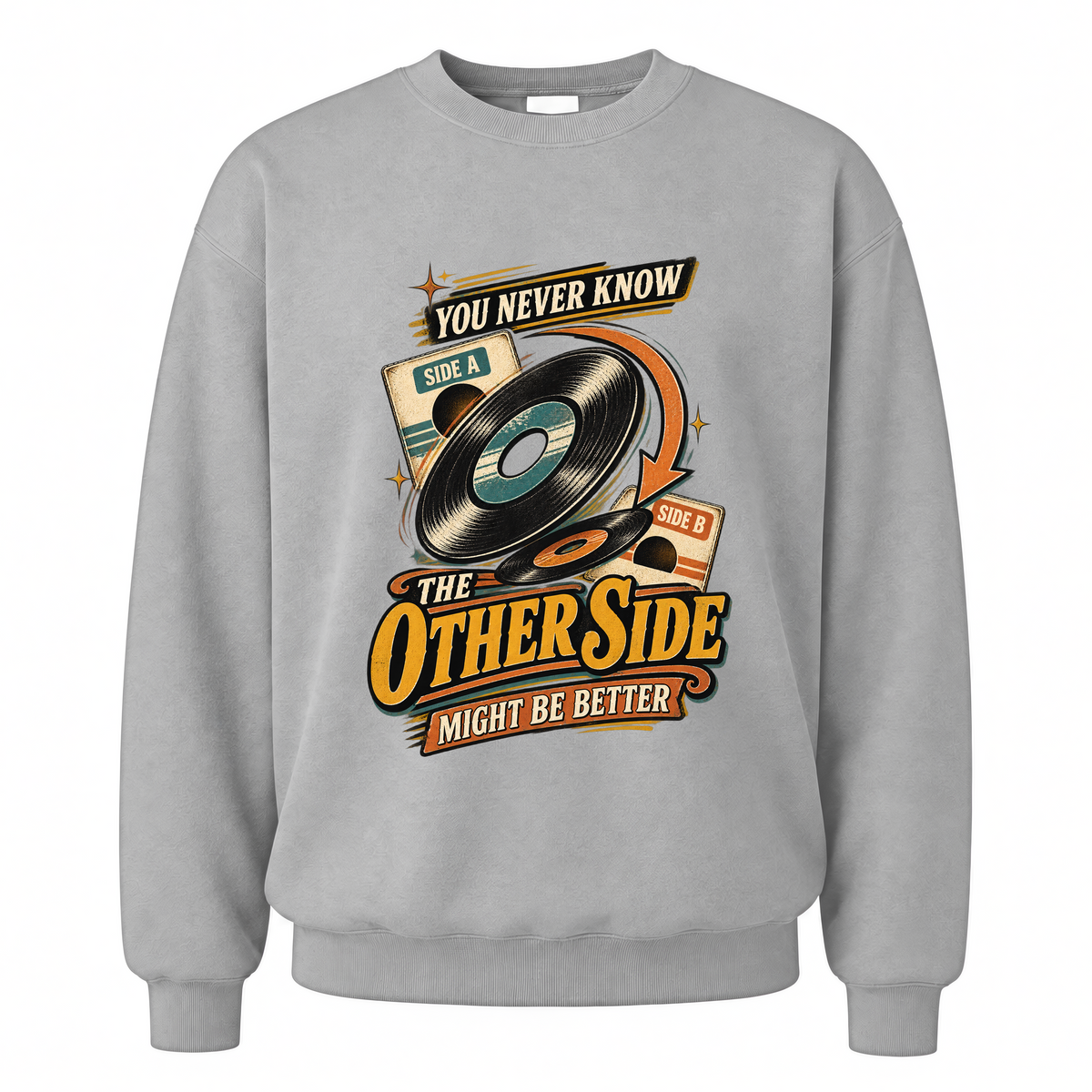 Sport Grey vintage sweatshirt with you never know the other side vertical ideogram 4x printed front design
