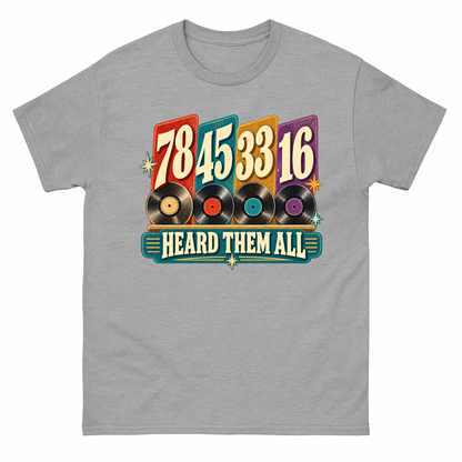 Sport Grey vintage t-shirt with 78 45 33 16. Heard Them All printed front design