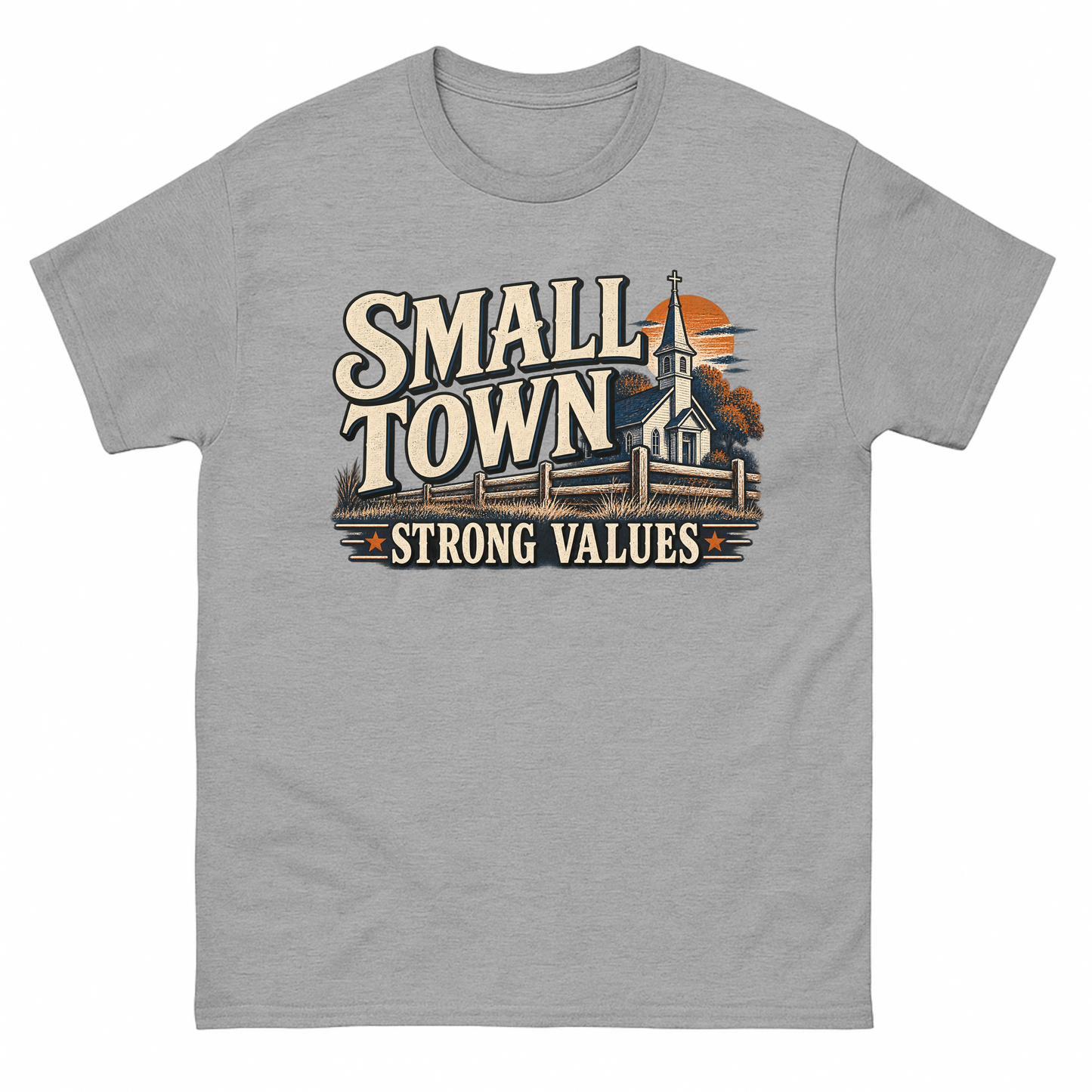 Sport Grey vintage t-shirt with Small Town Strong Values printed front design