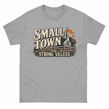 Sport Grey vintage t-shirt with Small Town Strong Values printed front design