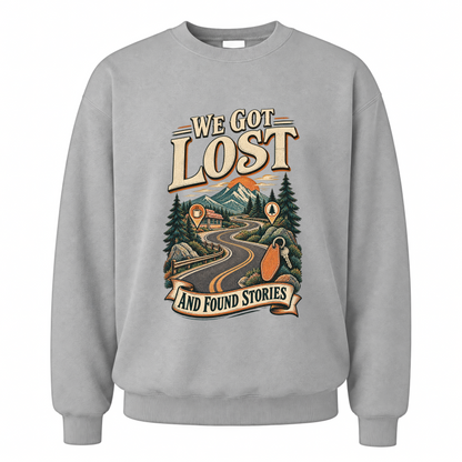 Sport Grey vintage sweatshirt with We Got Lost And Found Stories printed front design