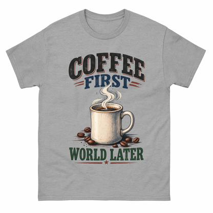 Sport Grey vintage t-shirt with Coffee First. World Later printed front design
