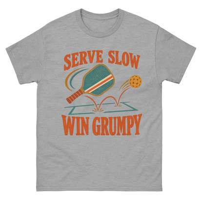 Sport Grey vintage t-shirt with Serve Slow Win Grumpy printed front design