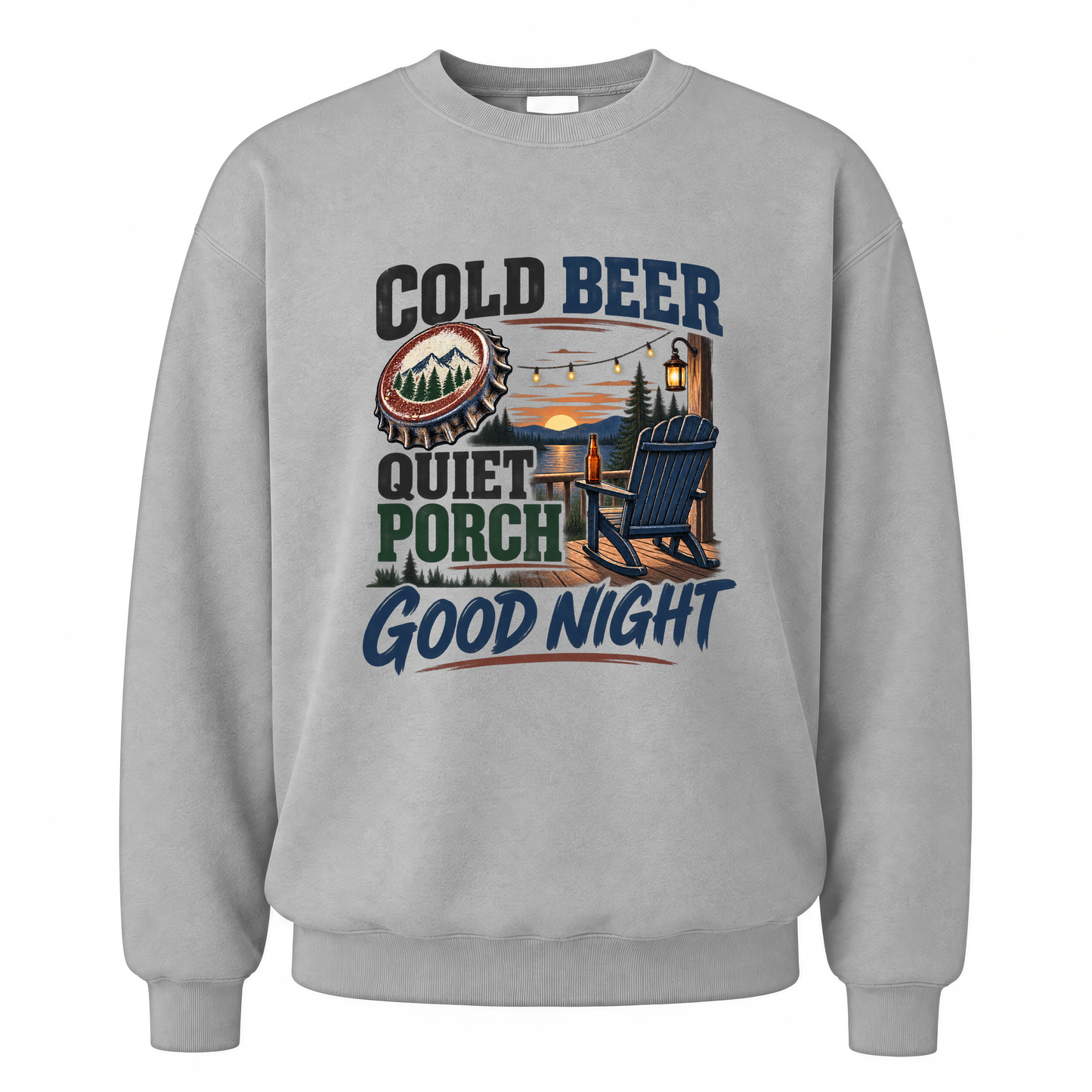 Sport Grey vintage sweatshirt with Cold Beer Quiet Porch Good Night printed front design