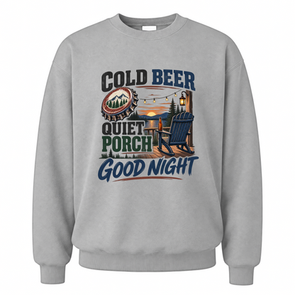 Sport Grey vintage sweatshirt with Cold Beer Quiet Porch Good Night printed front design