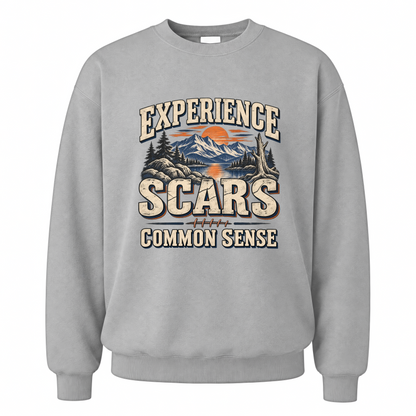Sport Grey vintage sweatshirt with Experience Scars. Common Sense printed front design