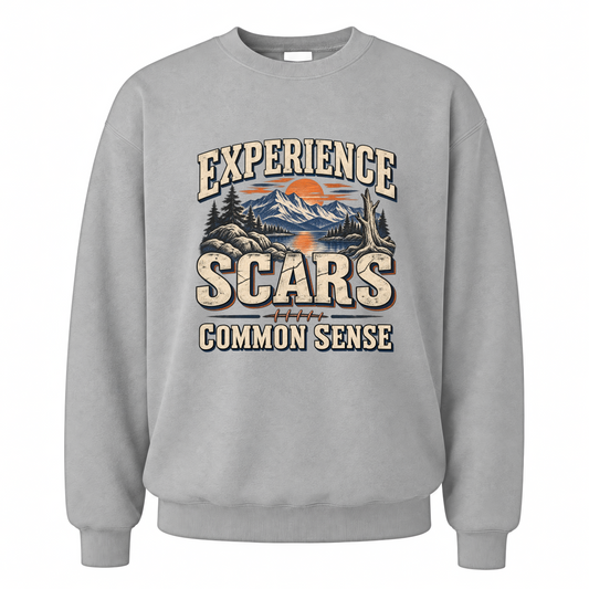 Sport Grey vintage sweatshirt with Experience Scars. Common Sense printed front design