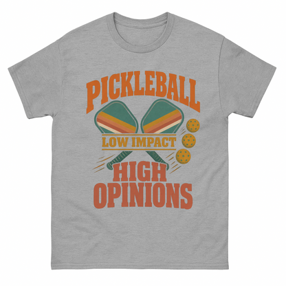 Sport Grey vintage t-shirt with Pickleball Low Impact. High Opinions printed front design