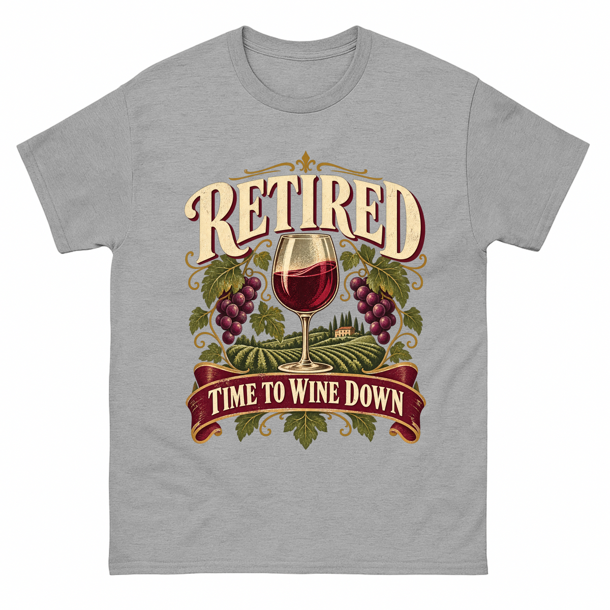 Sport Grey vintage t-shirt with Retired Time To Wine Down printed front design