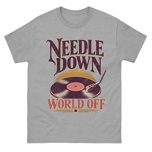 Sport Grey vintage t-shirt with Needle Down World Off printed front design
