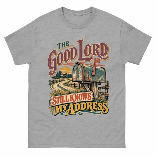 Sport Grey vintage t-shirt with The Good Lord Still Knows My Address printed front design