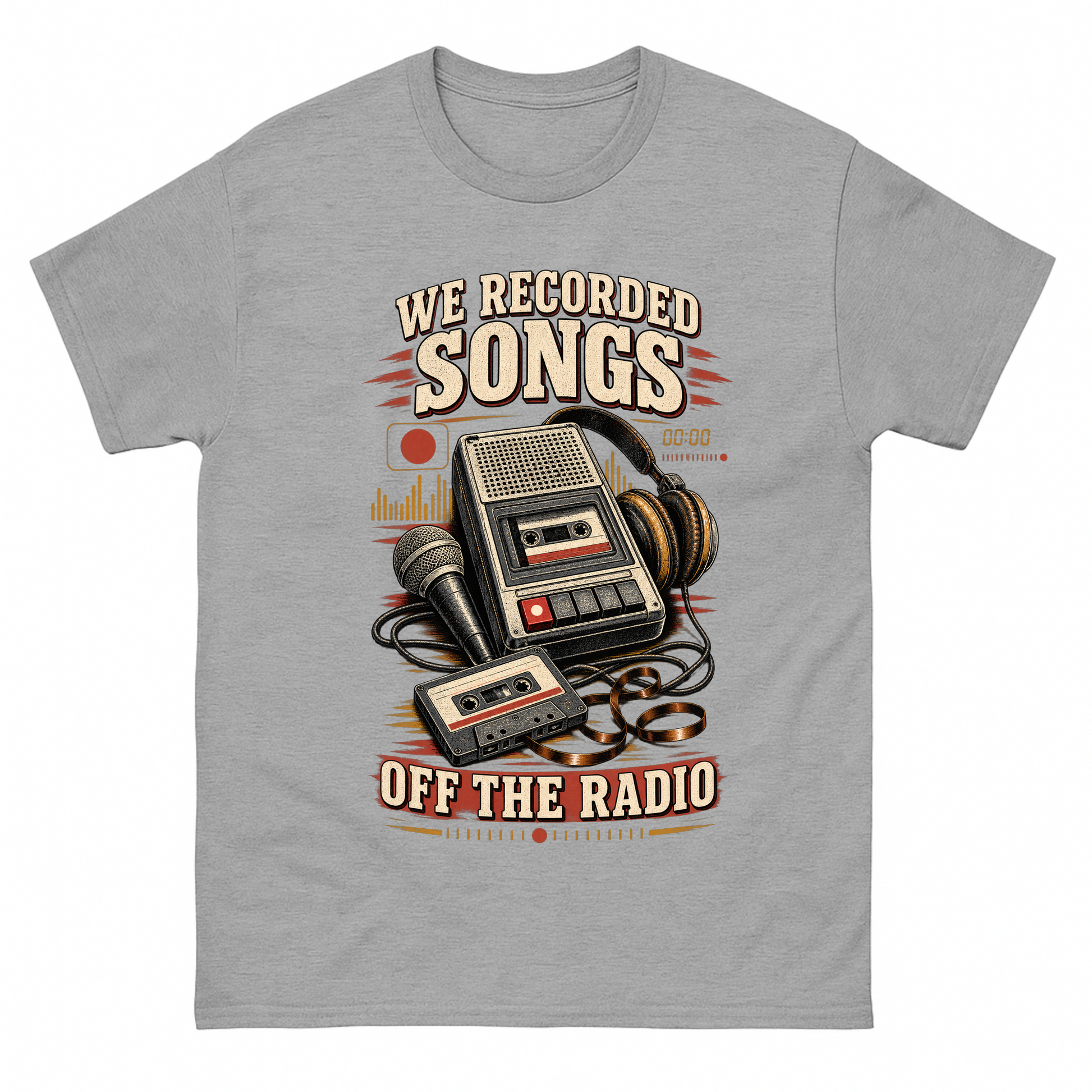 Sport Grey vintage t-shirt with We Recorded Songs Off The Radio printed front design