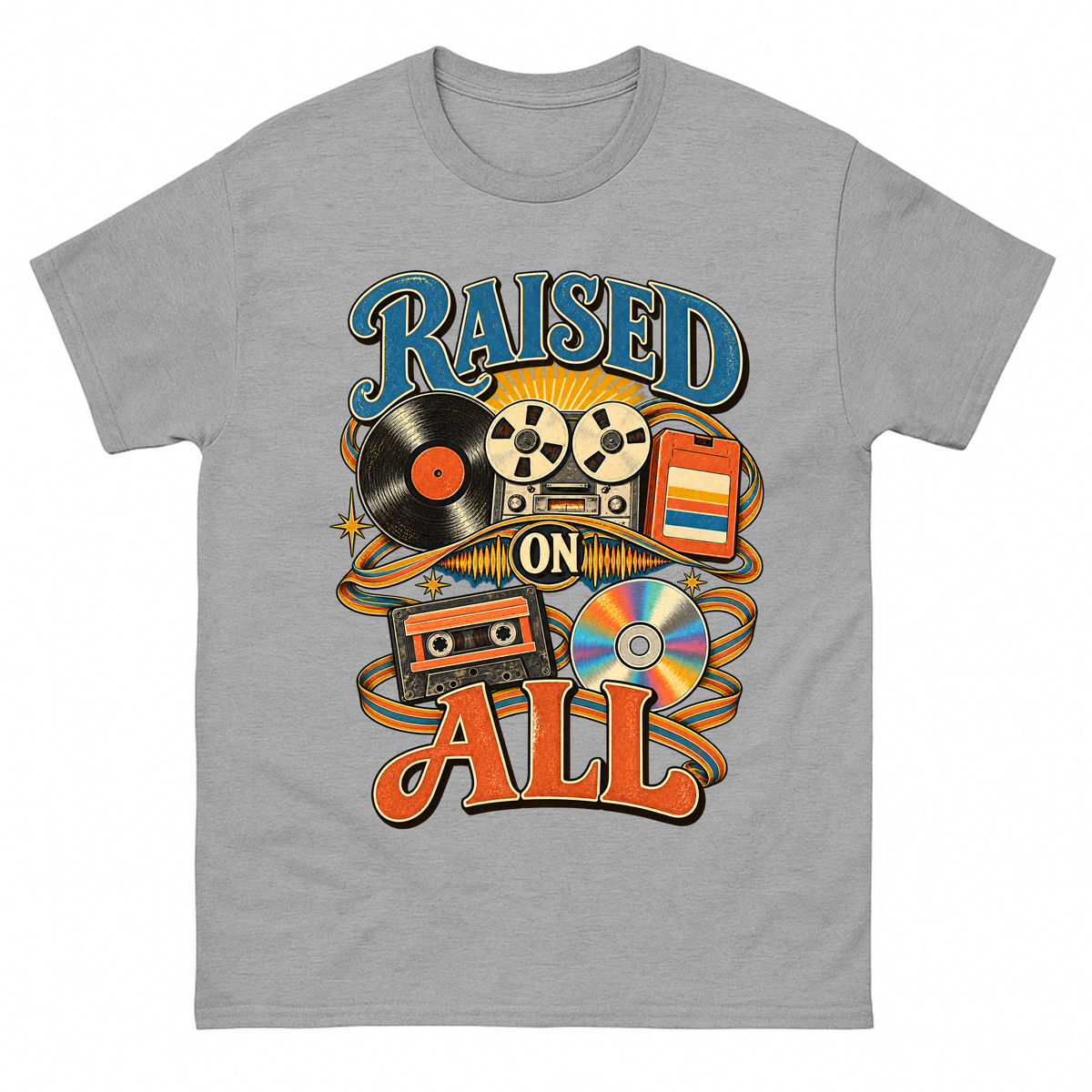 Sport Grey vintage t-shirt with Raised On All printed front design
