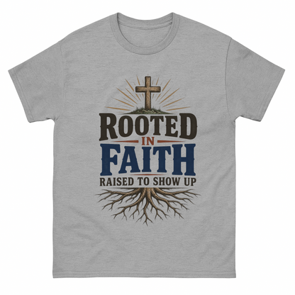 Sport Grey vintage t-shirt with Rooted In Faith Raised To Show Up printed front design