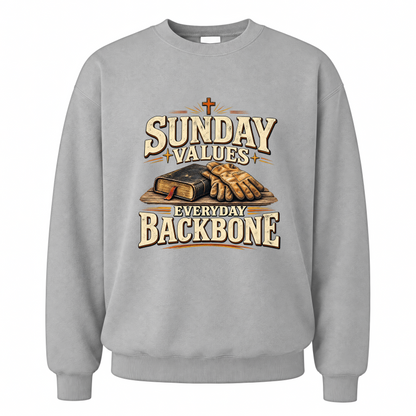Sport Grey vintage sweatshirt with Sunday Values Everyday Backbone printed front design