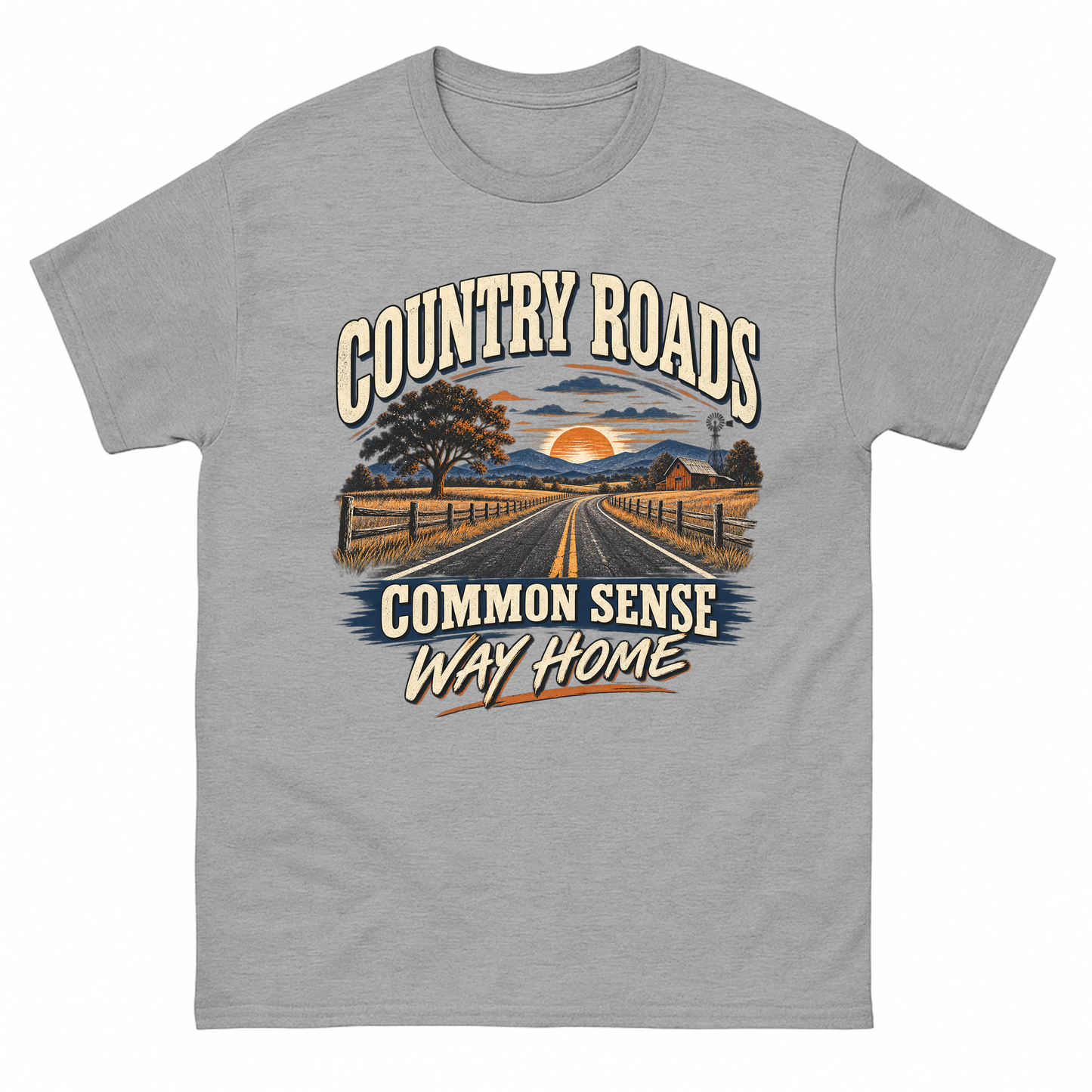 Sport Grey vintage t-shirt with Country Roads. Common Sense Way Home printed front design