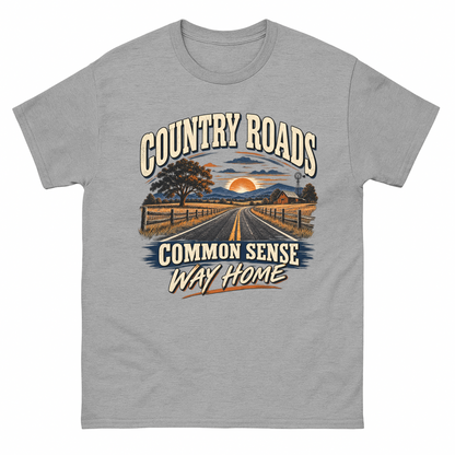 Sport Grey vintage t-shirt with Country Roads. Common Sense Way Home printed front design