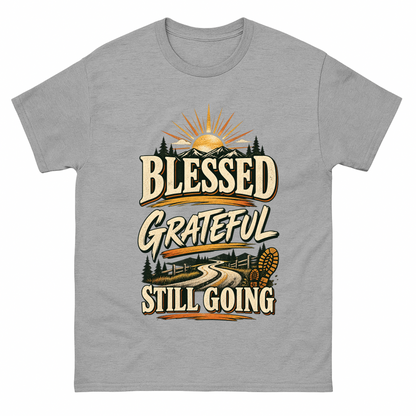 Sport Grey vintage t-shirt with Blessed Grateful Still Going printed front design