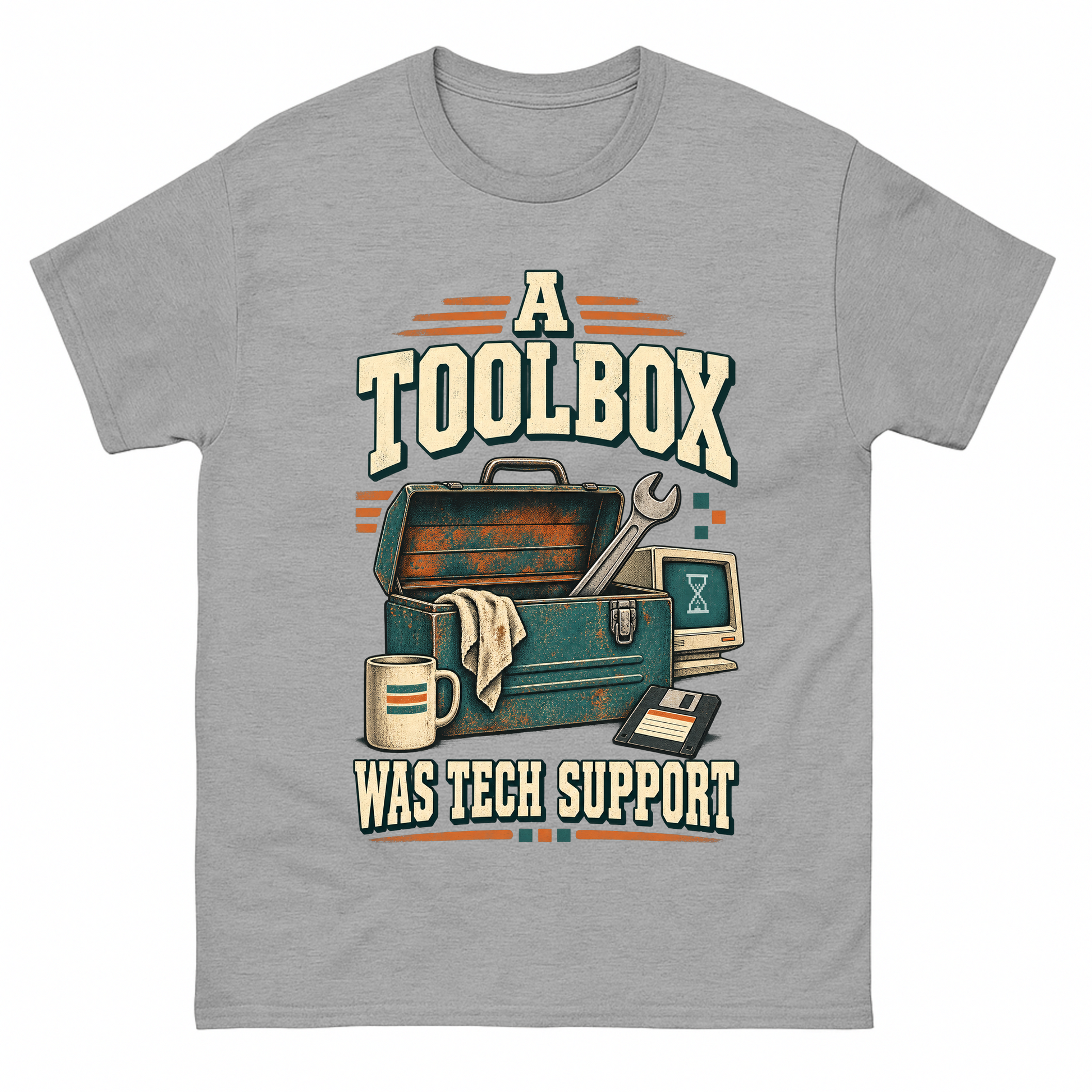 Sport Grey vintage t-shirt with A Toolbox Was Tech Support printed front design