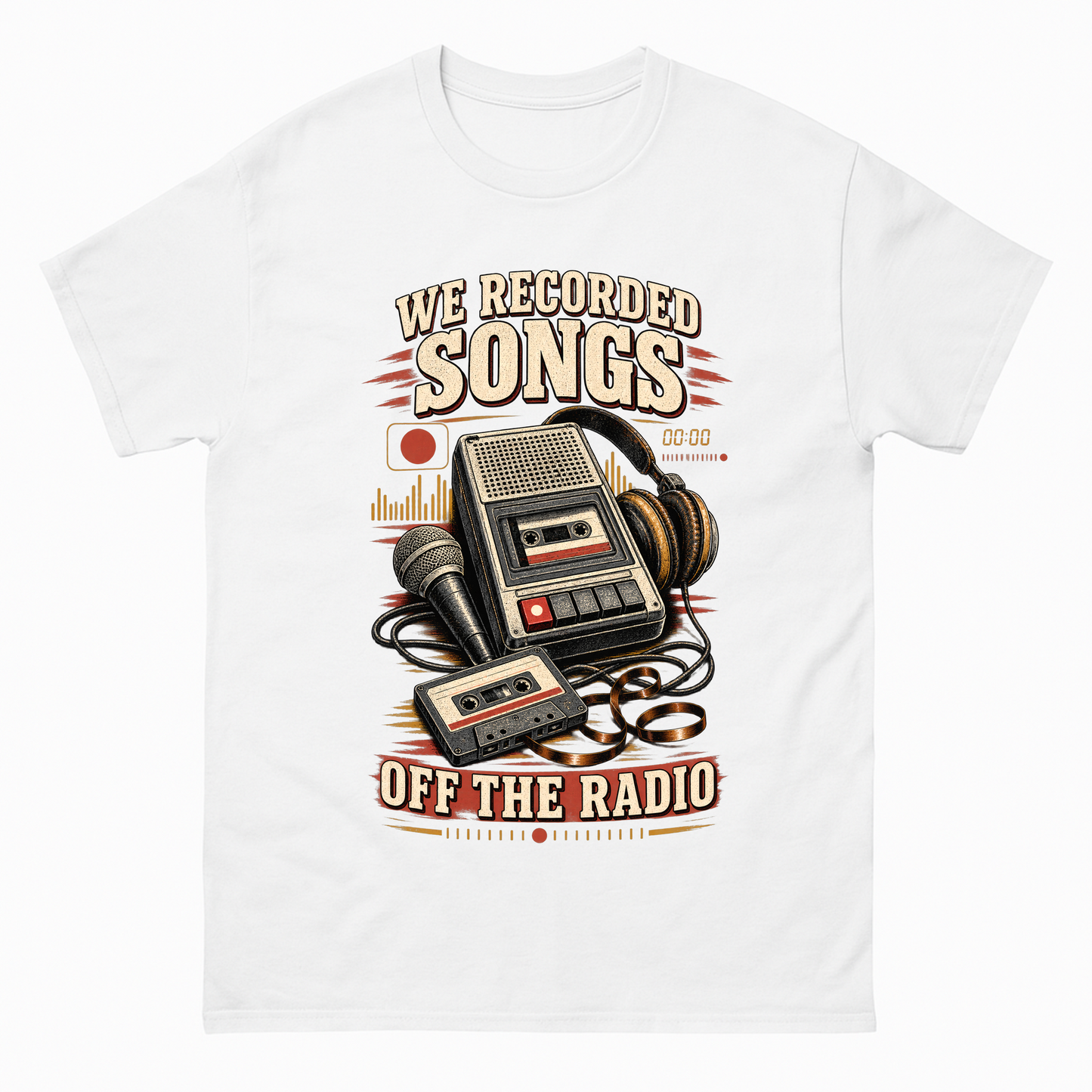 White vintage t-shirt with We Recorded Songs Off The Radio printed front design