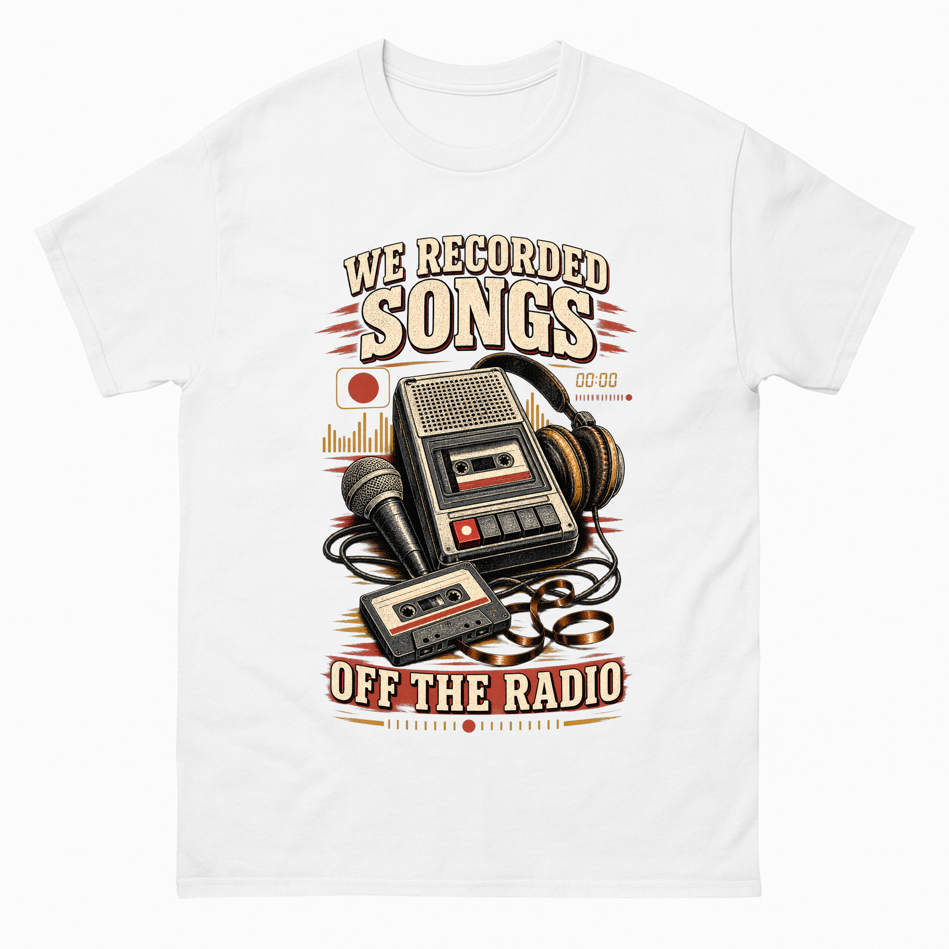 White vintage t-shirt with We Recorded Songs Off The Radio printed front design