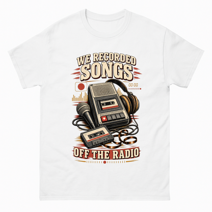 White vintage t-shirt with We Recorded Songs Off The Radio printed front design