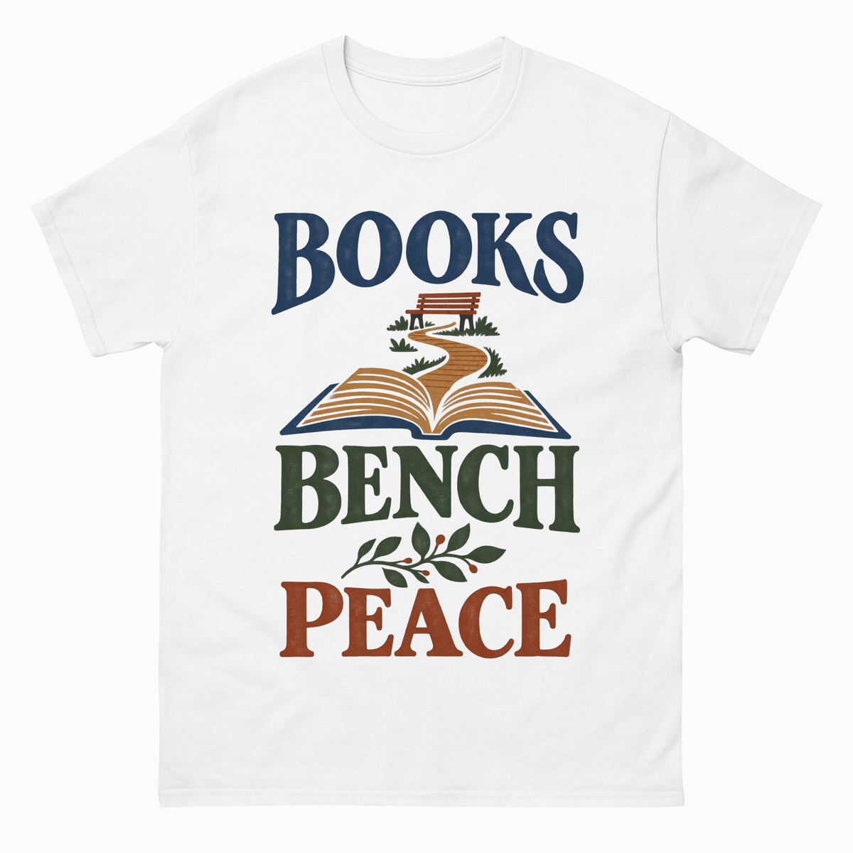 White vintage t-shirt with Books Bench Peace printed front design