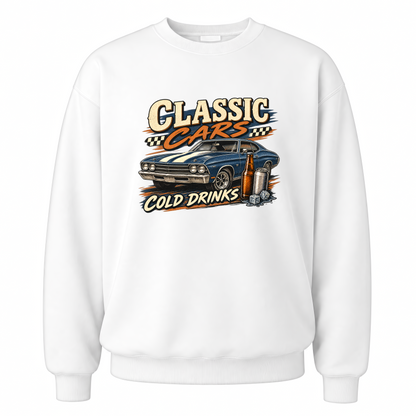 White vintage sweatshirt with Classic Cars. Cold Drinks printed front design