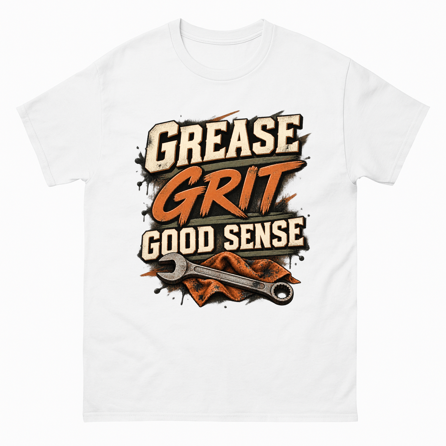 White vintage t-shirt with Grease Grit Good Sense printed front design