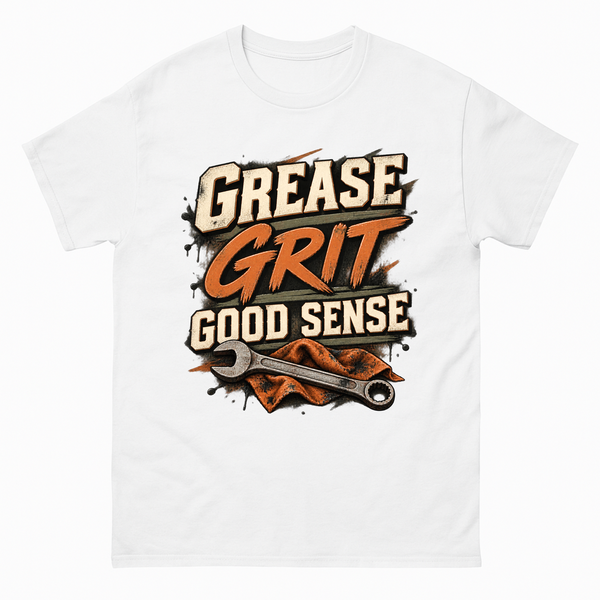 White vintage t-shirt with Grease Grit Good Sense printed front design