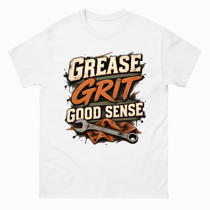 White vintage t-shirt with Grease Grit Good Sense printed front design