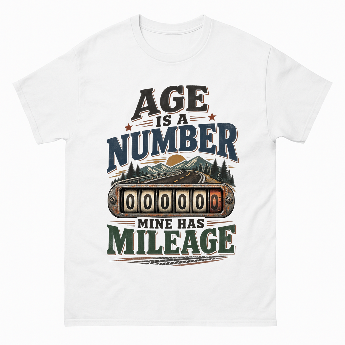 White vintage t-shirt with Age Is A Number Mine Has Mileage printed front design