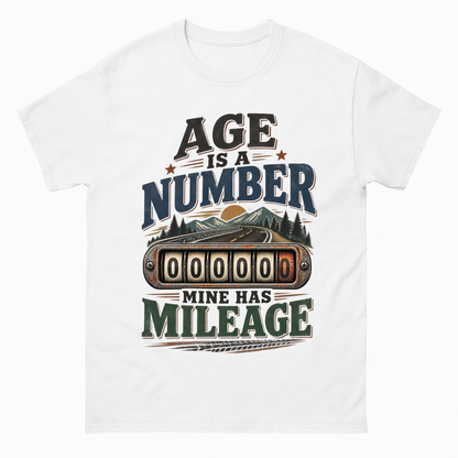 White vintage t-shirt with Age Is A Number Mine Has Mileage printed front design