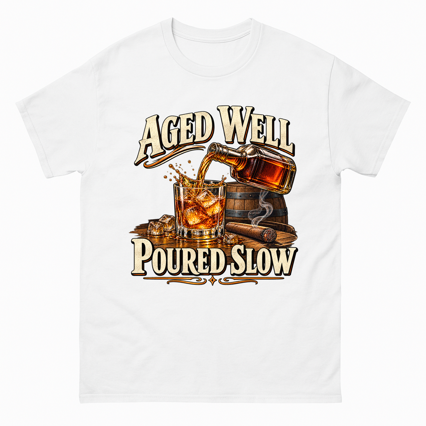 White vintage t-shirt with Aged Well. Poured Slow printed front design