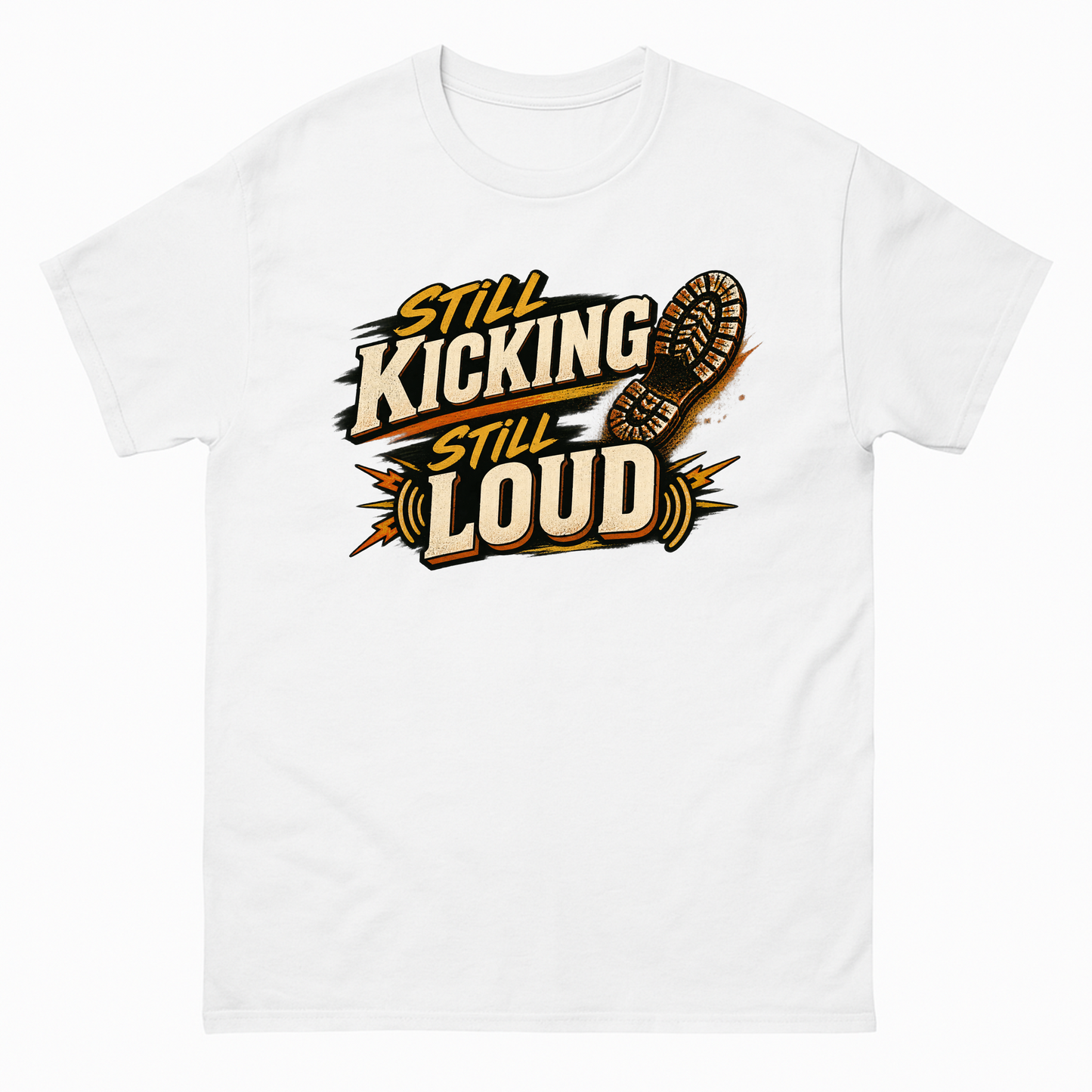 White vintage t-shirt with Still Kicking Still Loud printed front design
