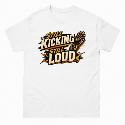 White vintage t-shirt with Still Kicking Still Loud printed front design
