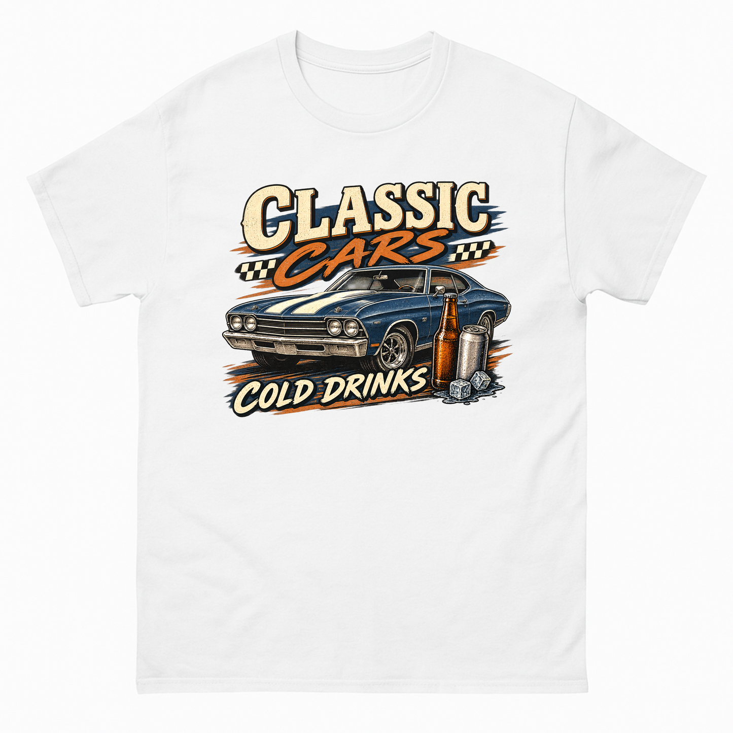 White vintage t-shirt with Classic Cars. Cold Drinks printed front design