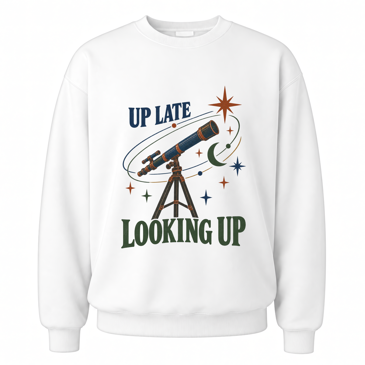 White vintage sweatshirt with Up Late Looking Up printed front design