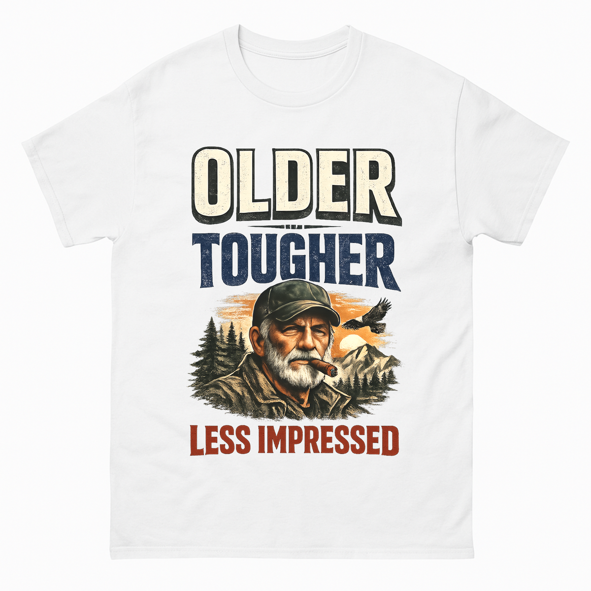 White vintage t-shirt with Older Tougher Less Impressed printed front design
