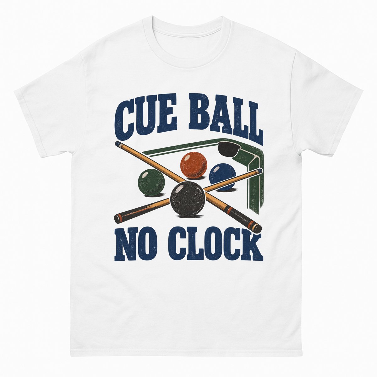 White vintage t-shirt with Cue Ball No Clock printed front design