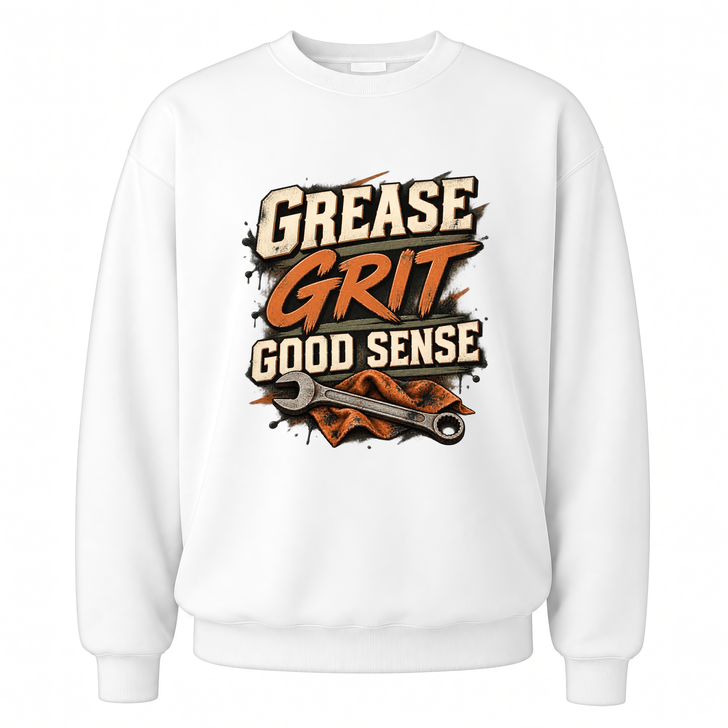White vintage sweatshirt with Grease Grit Good Sense printed front design