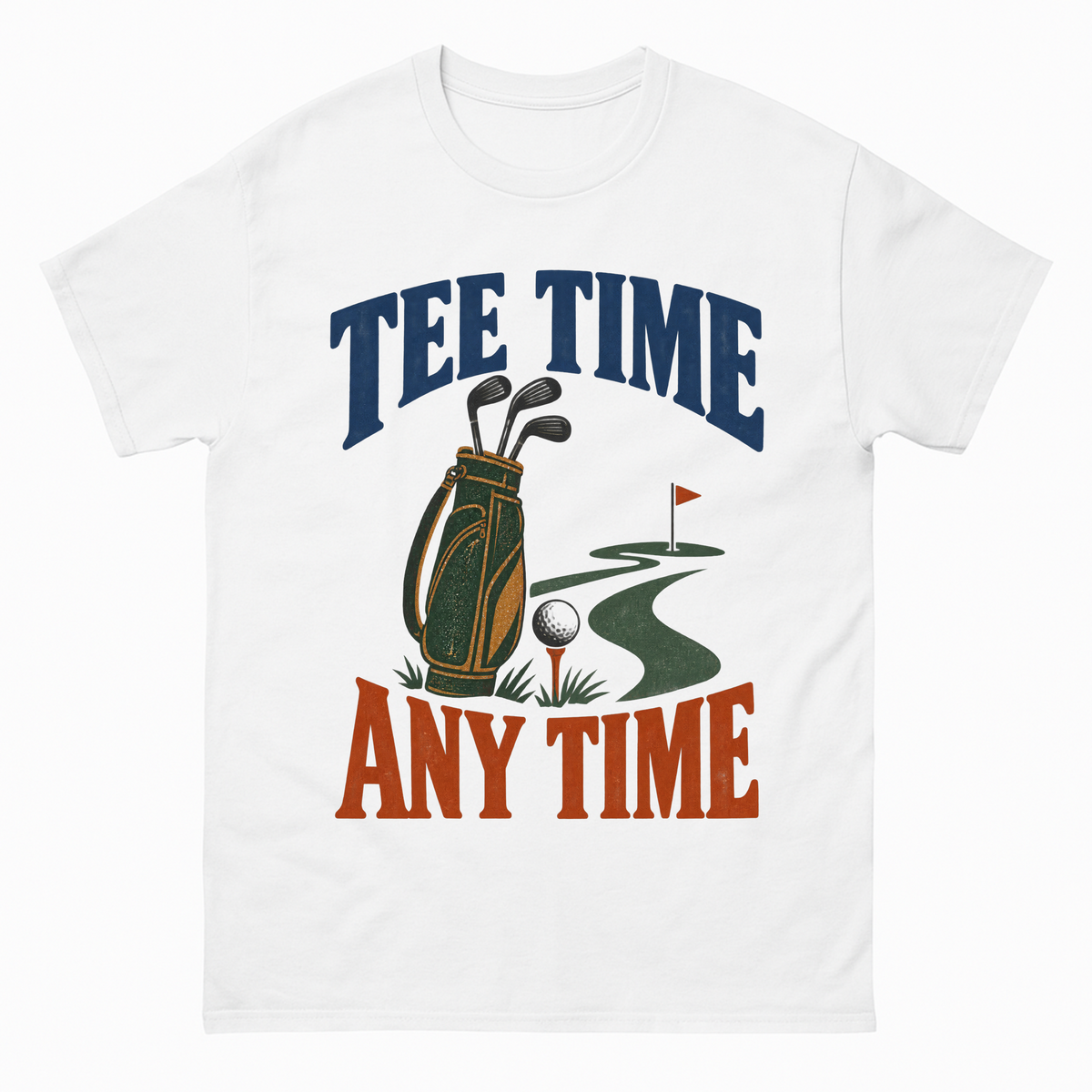 White vintage t-shirt with Tee Time Any Time printed front design