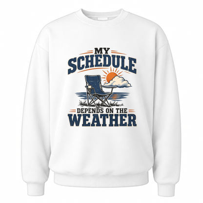 White vintage sweatshirt with My Schedule Depends On The Weather printed front design
