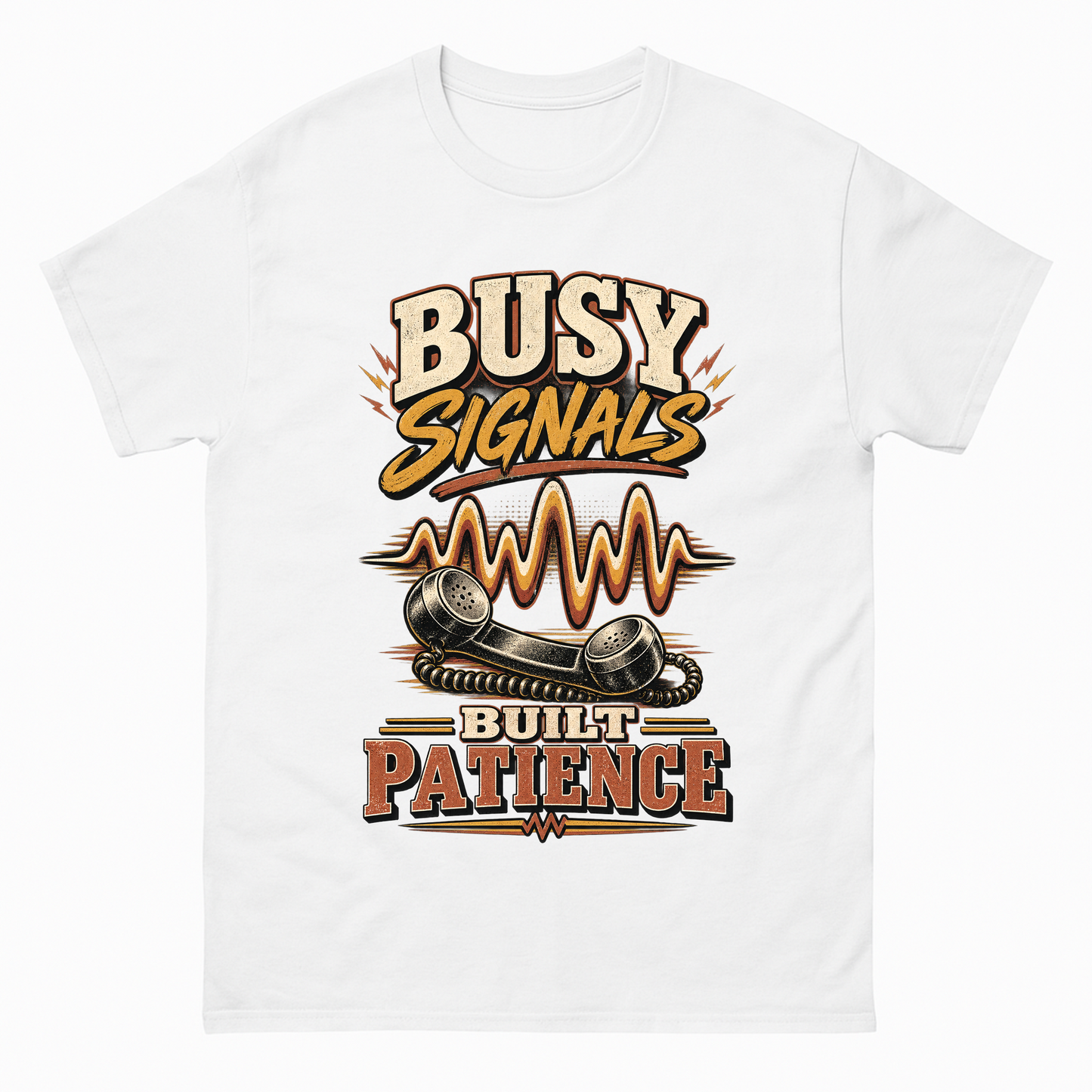 White vintage t-shirt with Busy Signals Built Patience printed front design