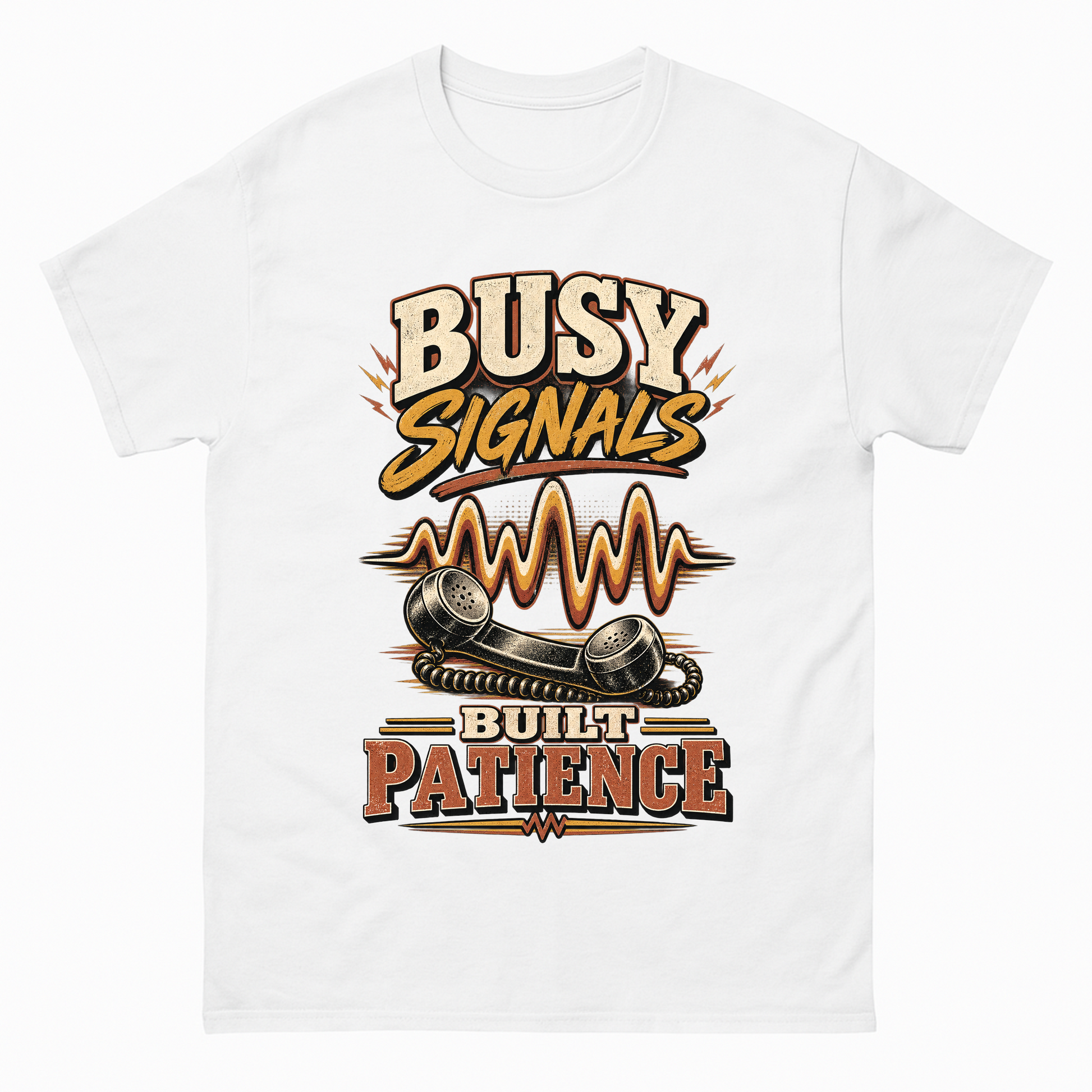 White vintage t-shirt with Busy Signals Built Patience printed front design