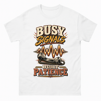 White vintage t-shirt with Busy Signals Built Patience printed front design