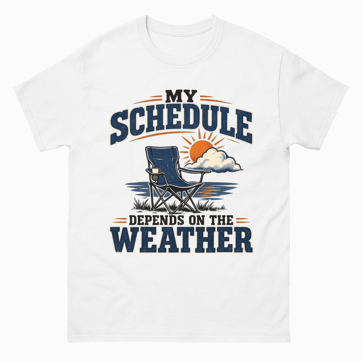 White vintage t-shirt with My Schedule Depends On The Weather printed front design