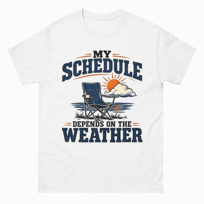 White vintage t-shirt with My Schedule Depends On The Weather printed front design