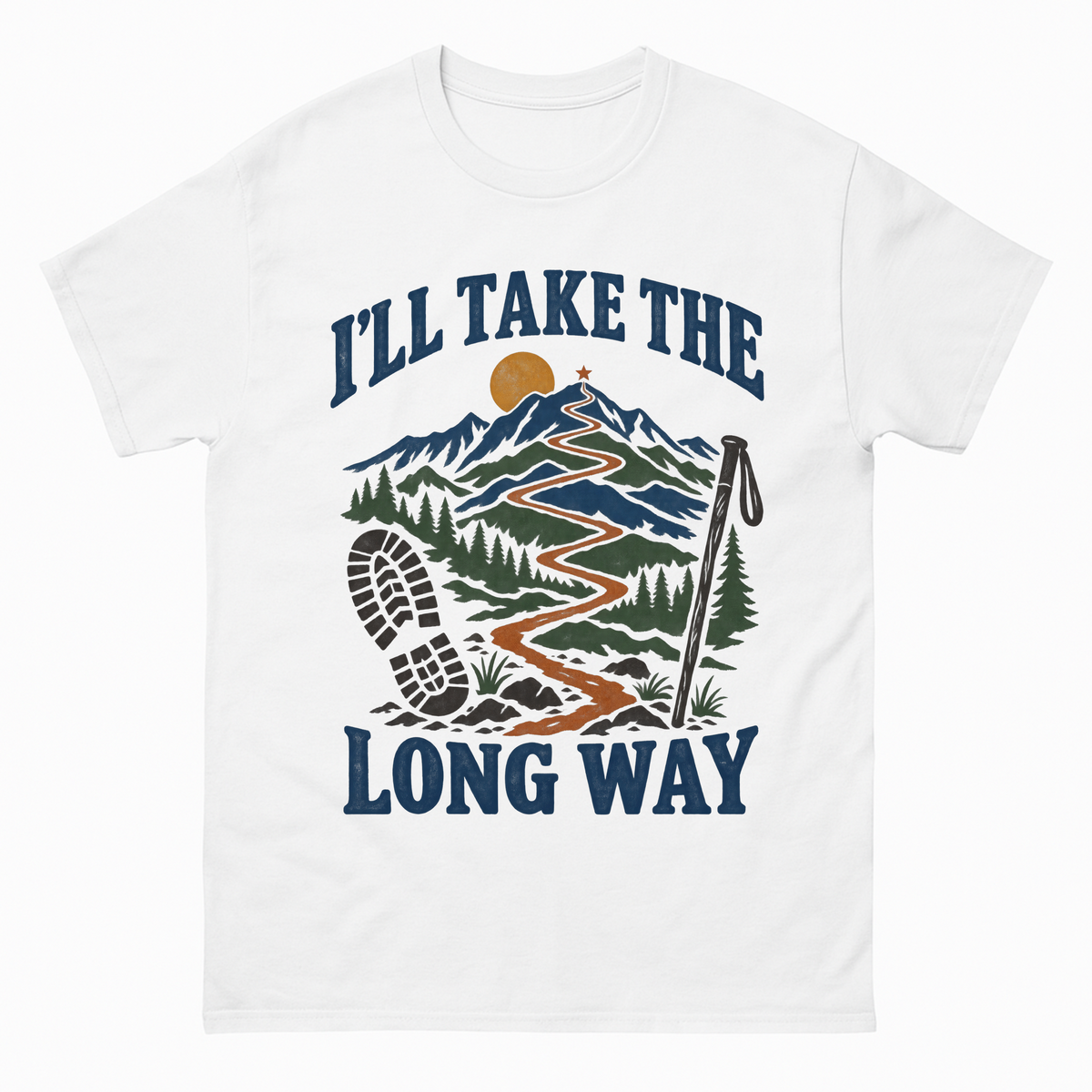 White vintage t-shirt with I’Ll Take The Long Way printed front design