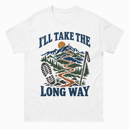 White vintage t-shirt with I’Ll Take The Long Way printed front design